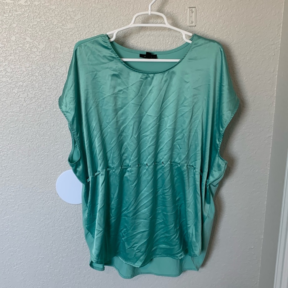 Alfani Aqua blue /green satin look mixed media drawstring blouse cap sleeve - Picture 4 of 9